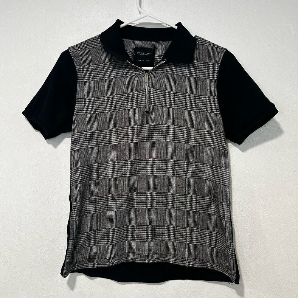 Denim & Flower Ricky Singh Black & Gray Plaid Half-Zip Polo Shirt Size 11/12